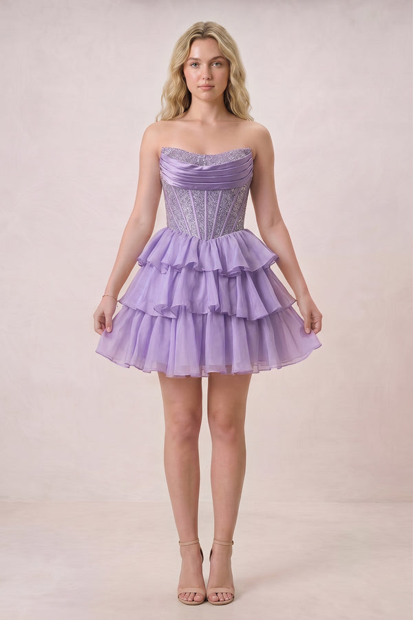 Amica | Lilac - Strapless A Line Chiffon Beaded Homecoming Dress With Ruffles
