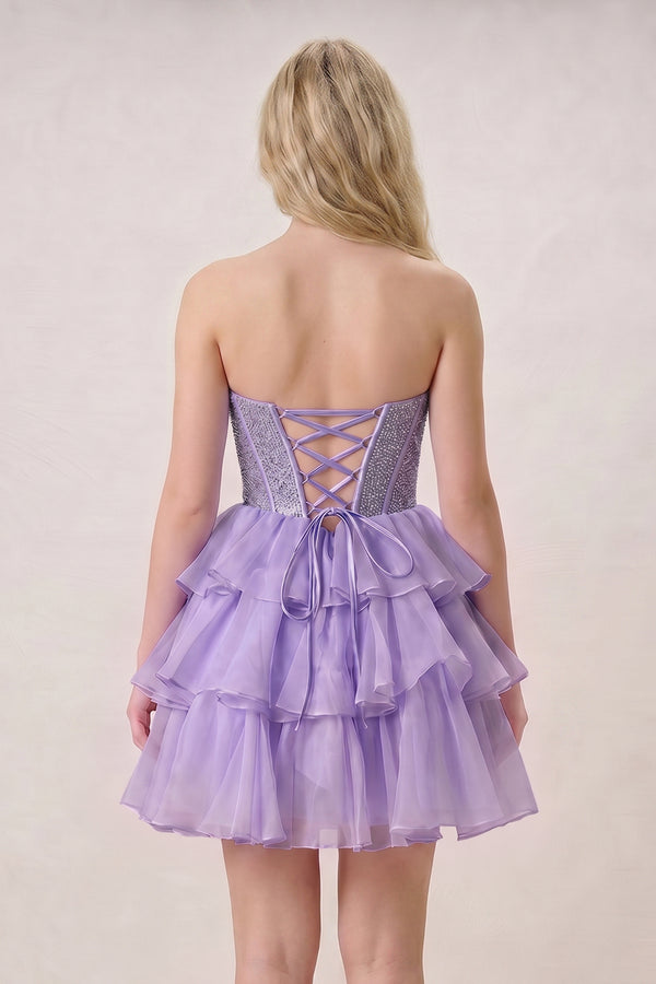 Amica | Lilac - Strapless A Line Chiffon Beaded Homecoming Dress With Ruffles
