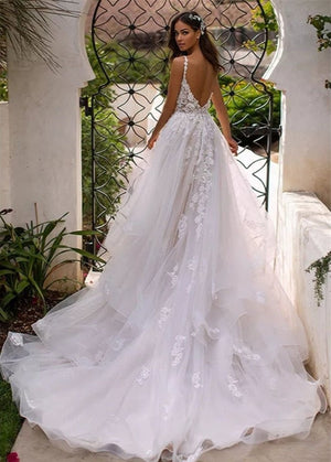 A-Line Lace White Sweep Train Sleeveless Backless Wedding Dress