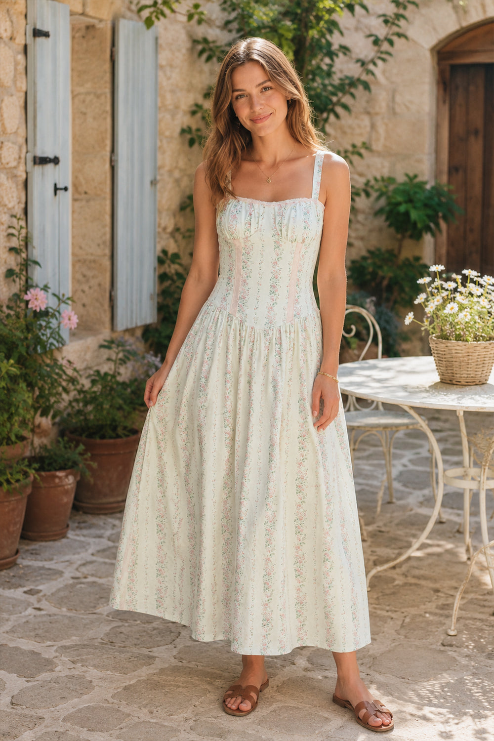 White Vintage Rose Printed A-Line Cotton Midi Dress
