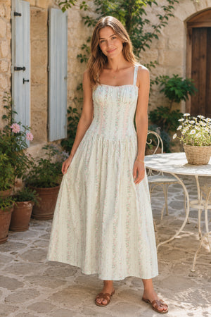 White Vintage Rose Printed A-Line Cotton Midi Dress