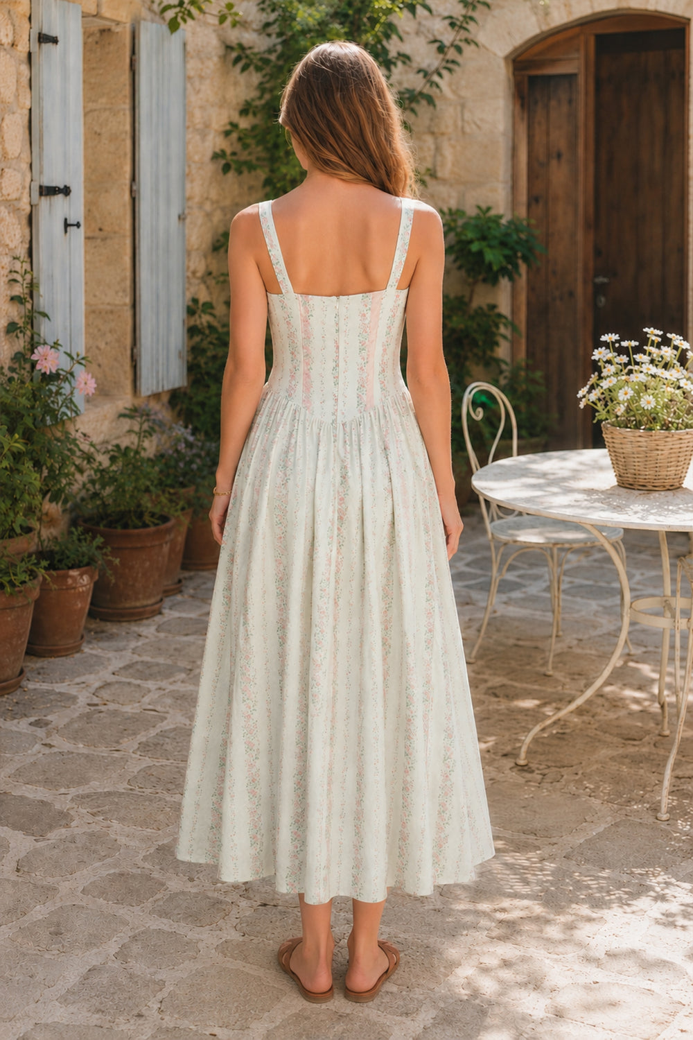 White Vintage Rose Printed A-Line Cotton Midi Dress