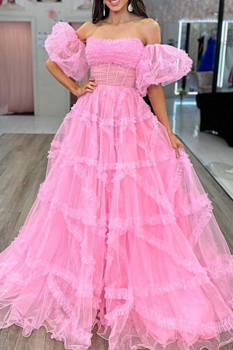 Lainey Magenta A-Line Strapless Ruffles Long Formal Dress with Puff Sleeves