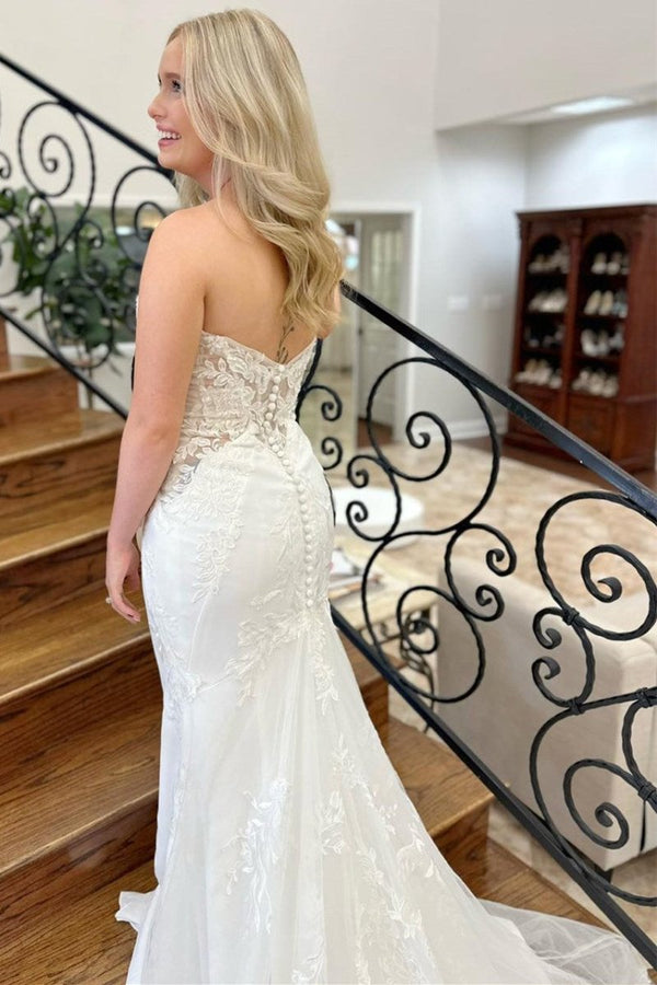 Lace White Strapless Appliques Mermaid Long Wedding Dress