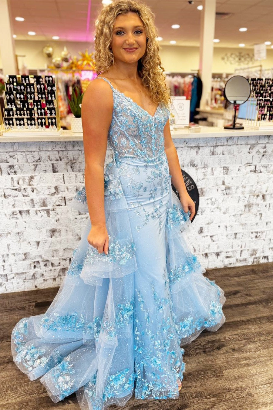 Blue Sequin Lace V-Neck Pageant Dress with Attached Train