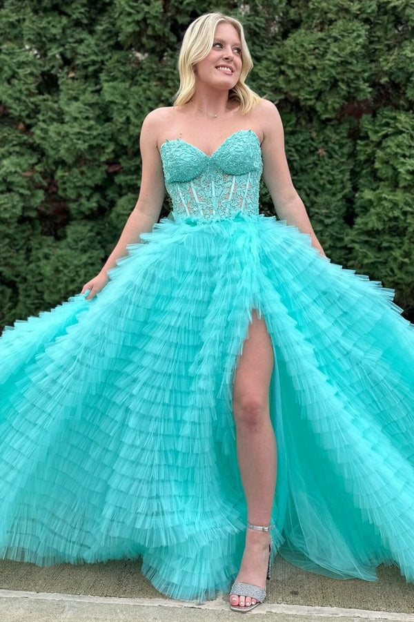 Addilyn |A-line Strapless Multi-Layers Tulle Prom Dress with Slit