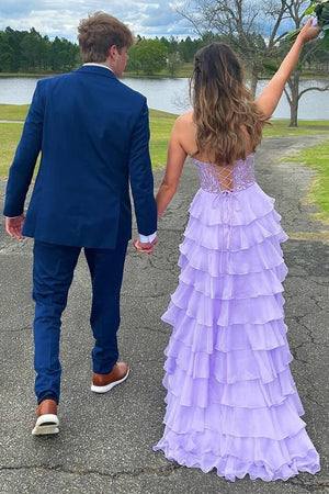 KissProm-Alondra Lavender Chiffon Sweetheart Ruffle Tiered Long Prom Dress