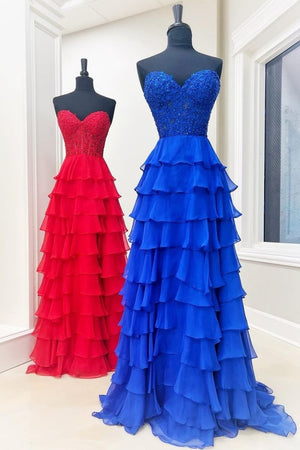 KissProm-Alondra Royal Blue Chiffon Sweetheart Ruffle Tiered Long Prom Dress