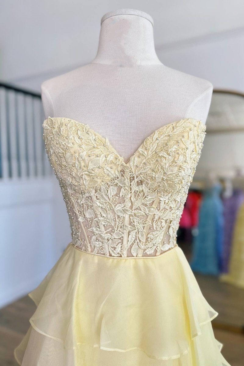 KissProm-Alondra Yellow Chiffon Sweetheart Ruffle Tiered Long Prom Dress