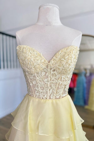 KissProm-Alondra Yellow Chiffon Sweetheart Ruffle Tiered Long Prom Dress
