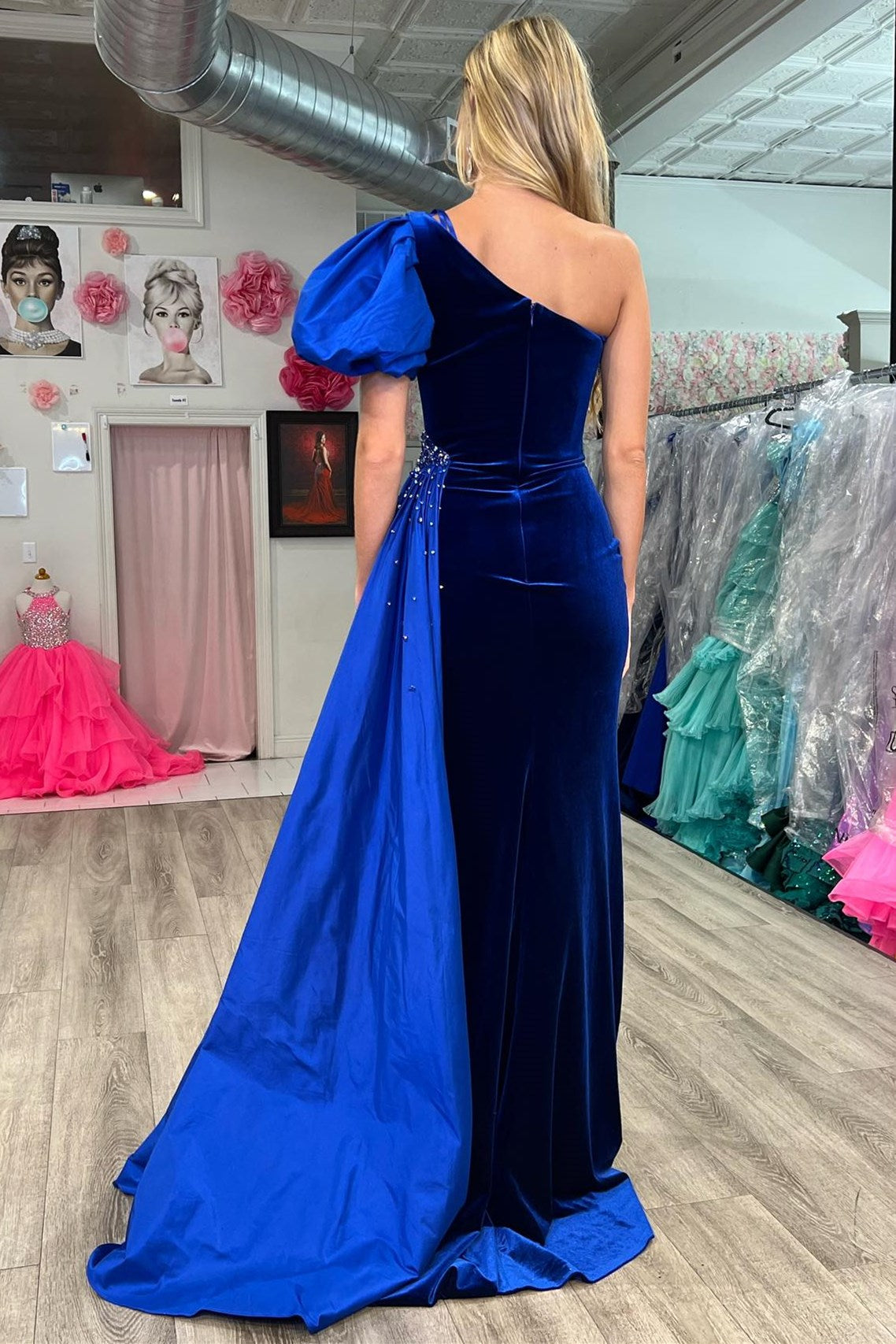 Jazmine | Royal Blue Velvet One-Shoulder Long Formal Dress with Attached Train