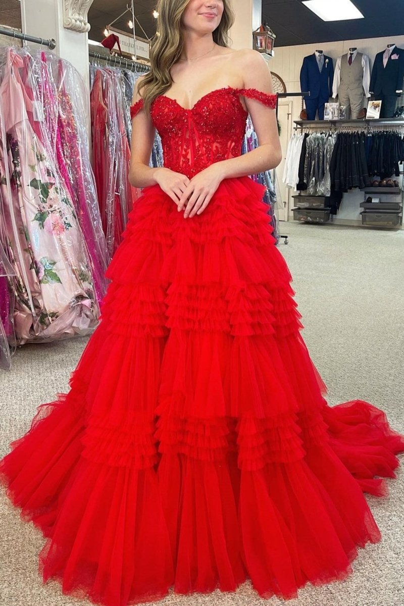 Elina Red Tulle Off-the-Shoulder Ruffle Tiered Long Prom Dress