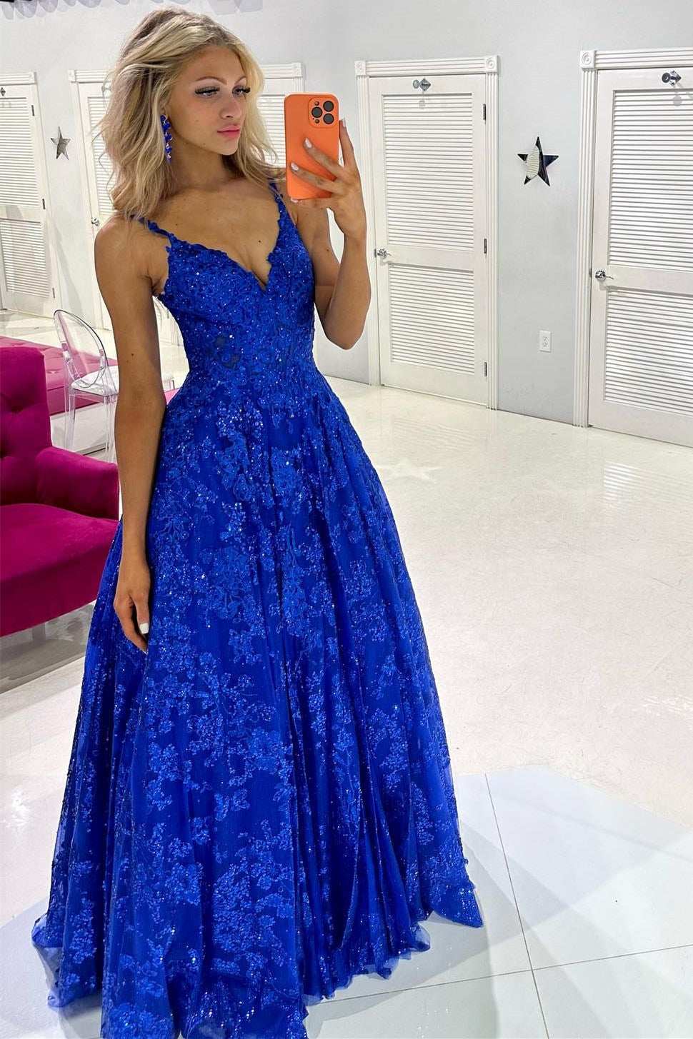 Mikaela | Royal Blue Sequin Lace V-Neck A-Line Long Prom Dress