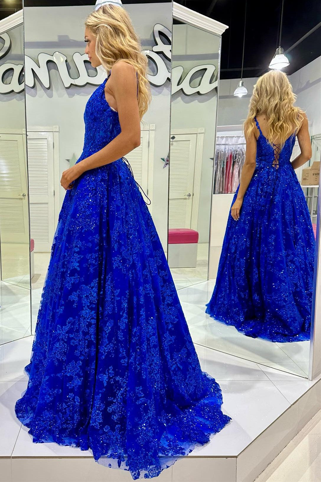 Mikaela | Royal Blue Sequin Lace V-Neck A-Line Long Prom Dress