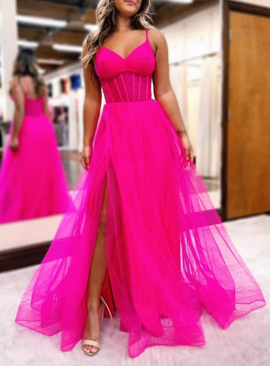 green emerald velvet dress Fuchsia Spaghetti Straps Sheer Bodice A-Line Long Prom Dress with Slit, Fuchsia / 10 / Tulle