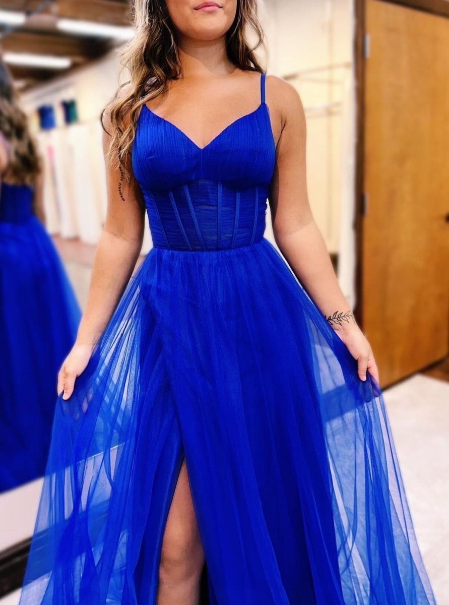 Fuchsia Spaghetti Straps Sheer Bodice A-Line Long Prom Dress with Slit, Fuchsia / 0 / Tulle