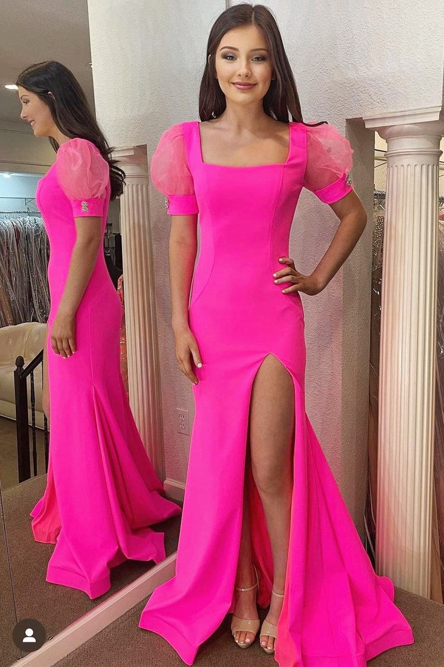 Hot Pink Square Neck Puff Sleeve Mermaid Long Dress with Slit
