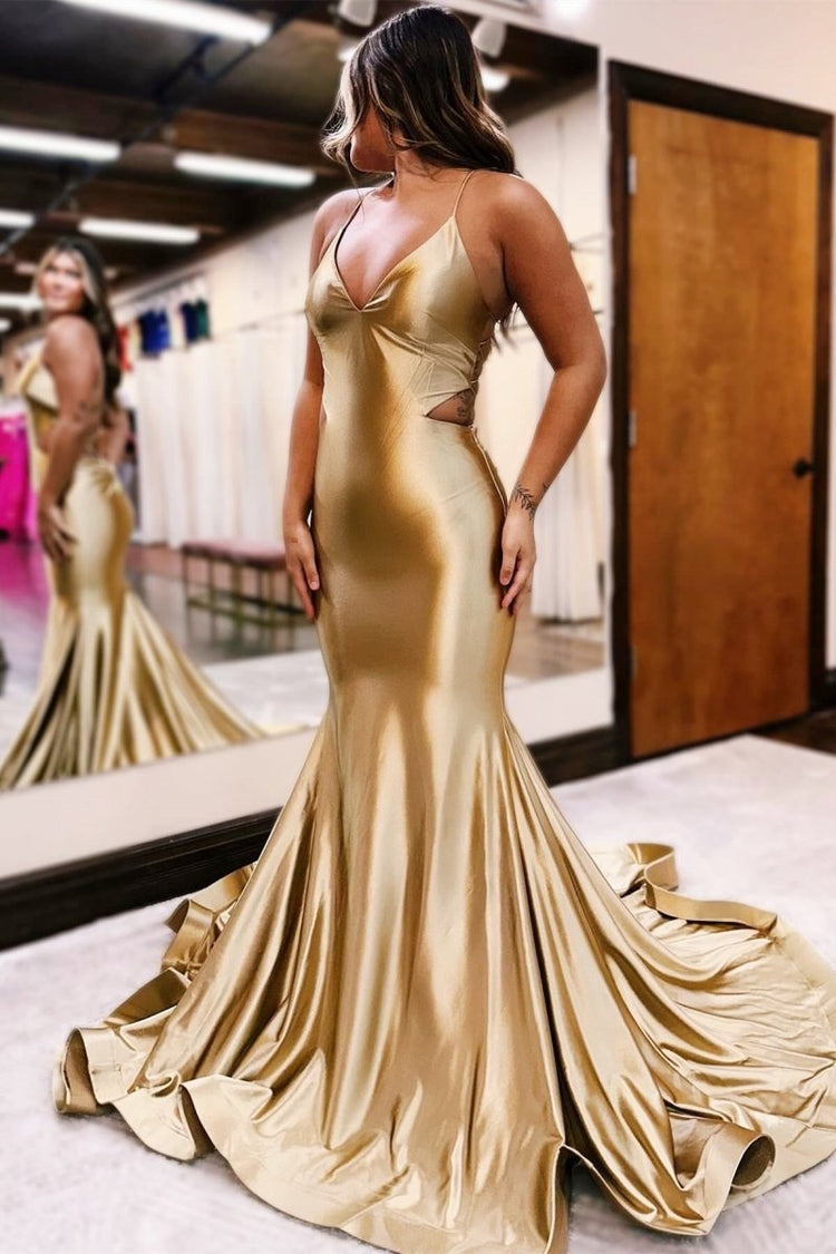 KissProm Gold V-Neck Lace-Up Trumpet Long Formal Dress, Golden / 2