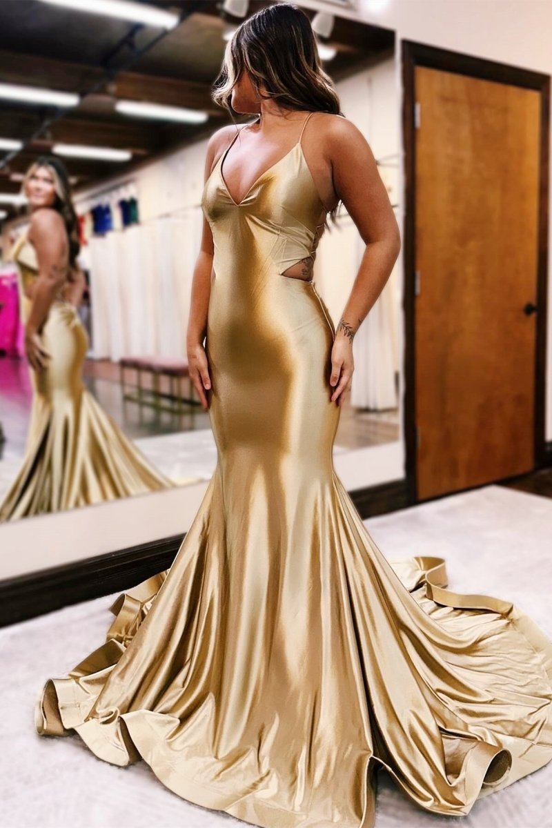 gold long formal dress KissProm V-Neck Lace-Up Trumpet Dress, Golden / 2 Color:Sea Breeze Elsa Ice Blue Maxi __with:acc0375_silver Shimmer while the maxi length