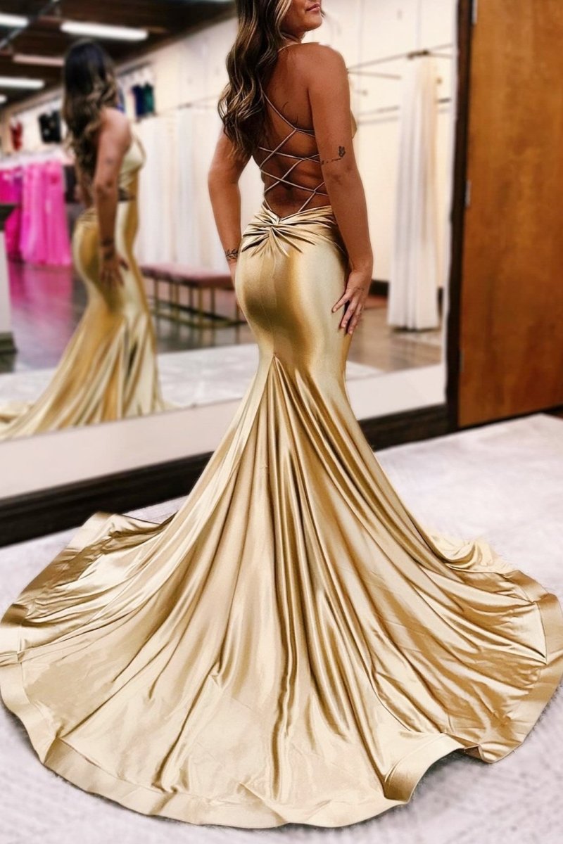 Gold V-Neck Lace-Up Trumpet Long Formal Dress, Golden / 2 Gold V-Neck Lace-Up Trumpet Long Formal Dress, Golden / 2