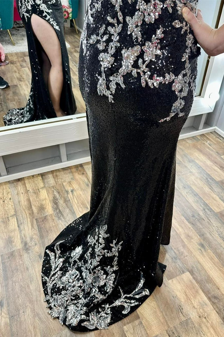 Charleigh | Black Sequin Appliques Spaghetti Strap Long Prom Dress with Slit