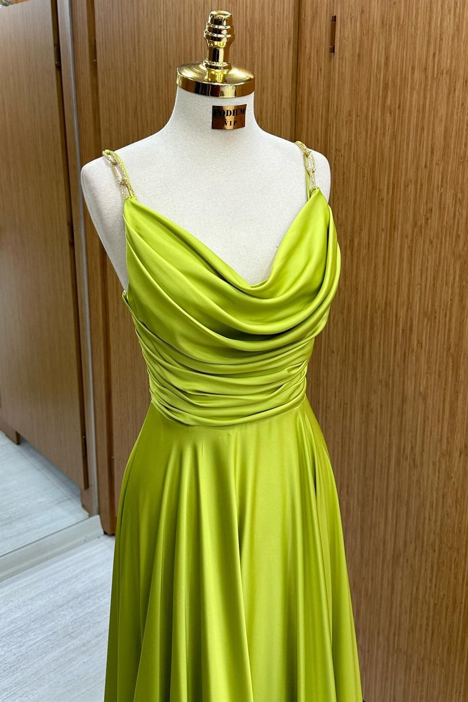Carter | Olive Green Cowl Neck Chain Strap A-Line Long Prom Dress