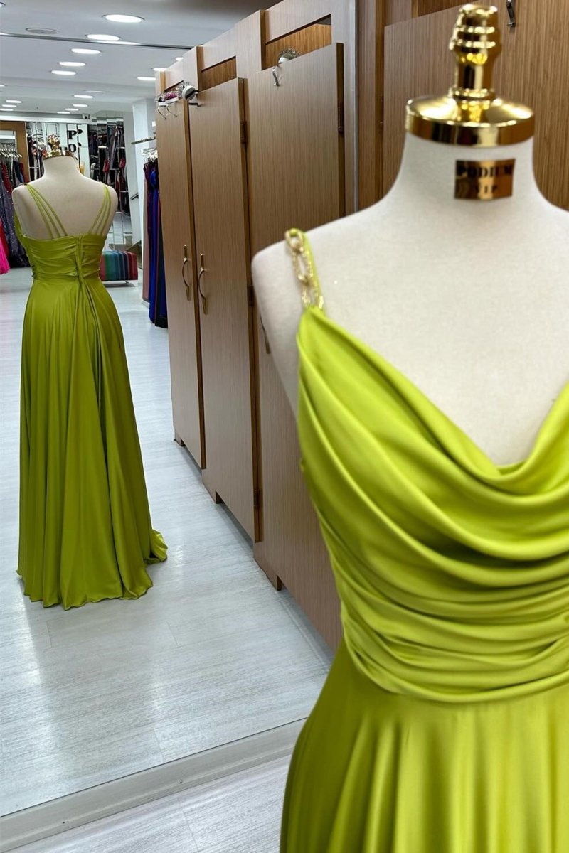 Olive Green Cowl Neck Chain Strap A-Line Long Prom Dress, Green / 2 / Charmeuse Olive Green Cowl Neck Chain Strap A-Line Long Prom Dress, Green / 2 / Charmeuse