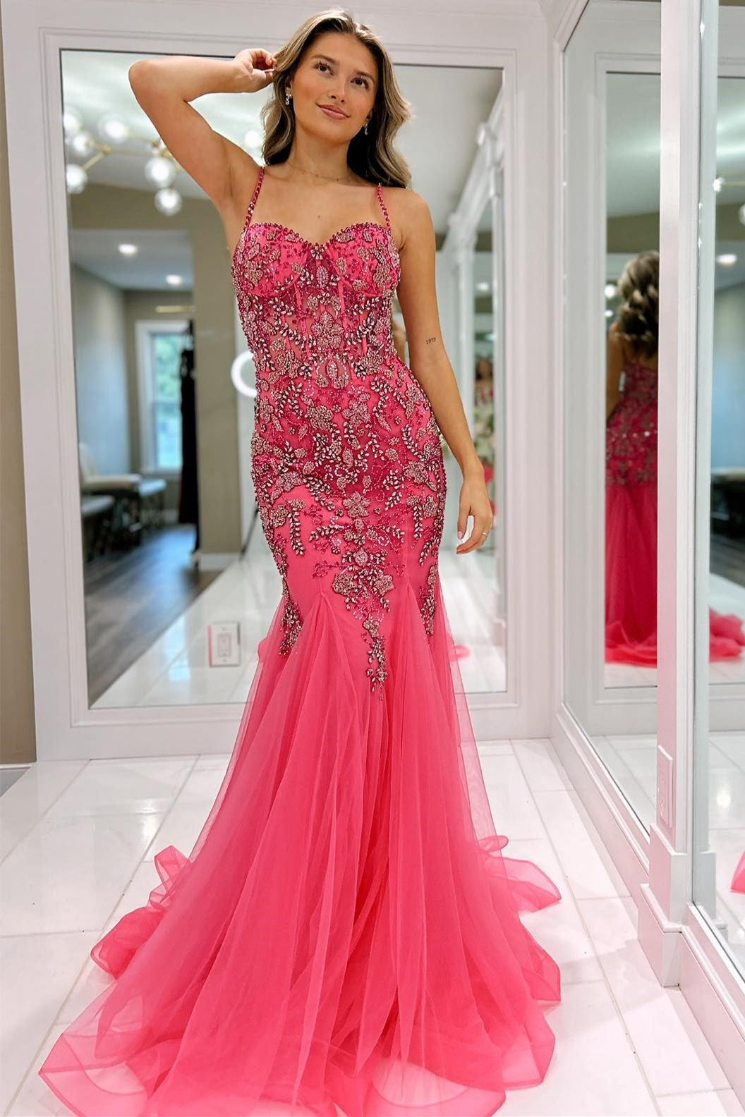 Oakleigh | Pink Beaded Spaghetti Strap Trumpet Long Gown