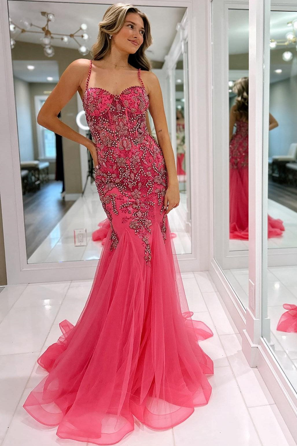 Oakleigh | Pink Beaded Spaghetti Strap Trumpet Long Gown