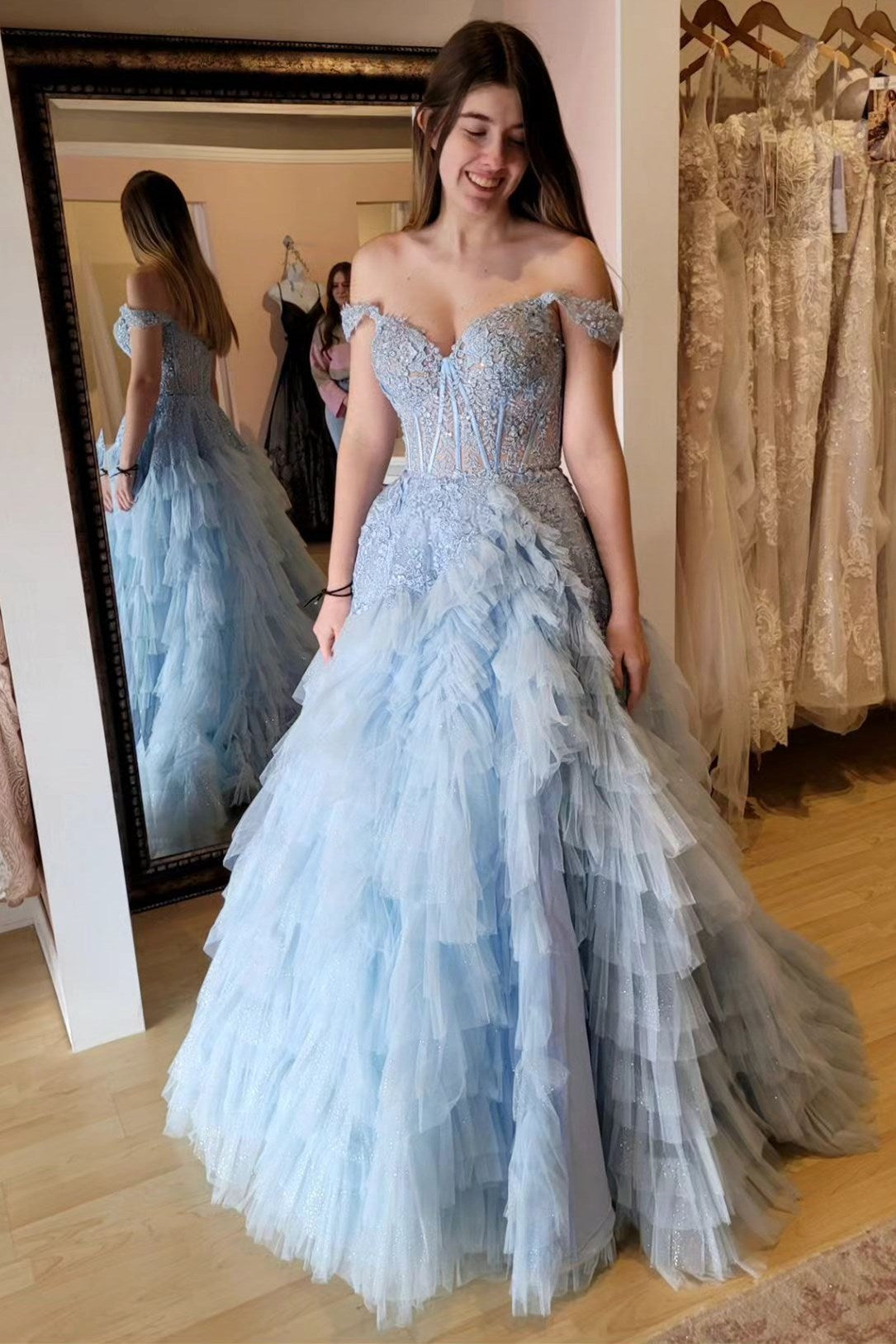 Oaklyn | Light Blue Appliques Off-the-Shoulder Ruffle Tiered Long Prom Dress