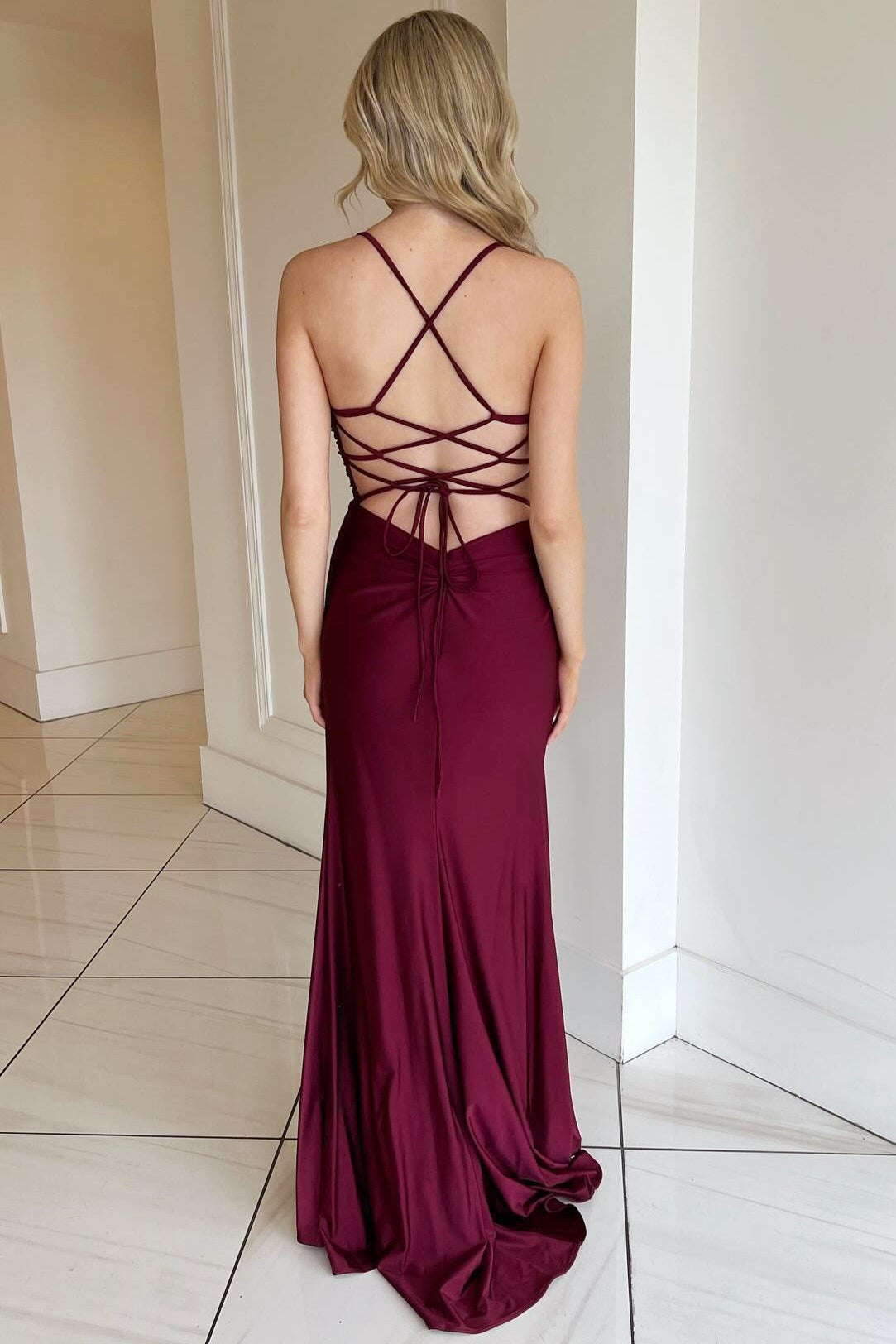 Rochelle | Burgundy V-Neck Lace-Up Long Formal Dress with Slit