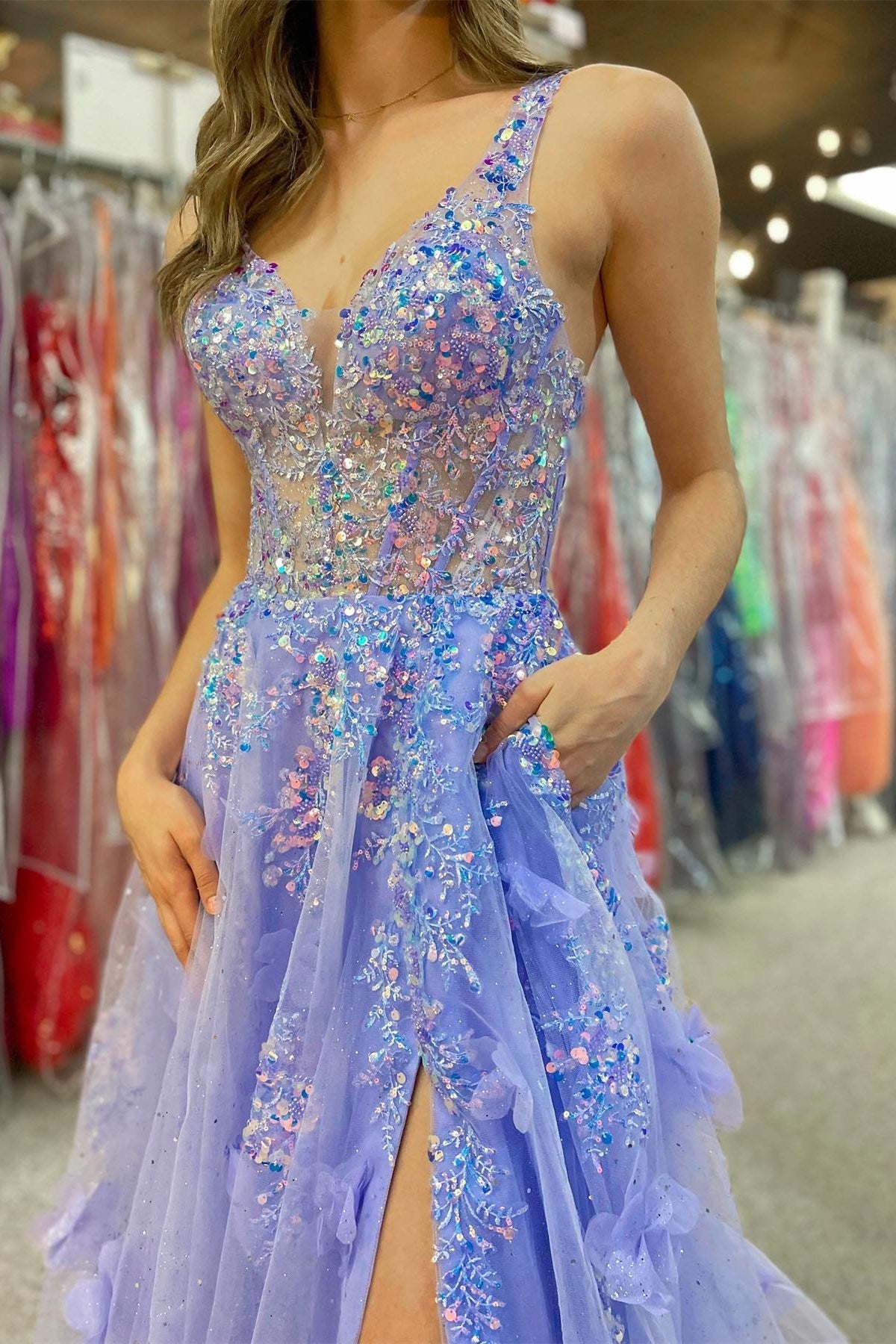 Pam | Lavender Tulle Appliques V-Neck A-Line Long Prom Dress with Slit