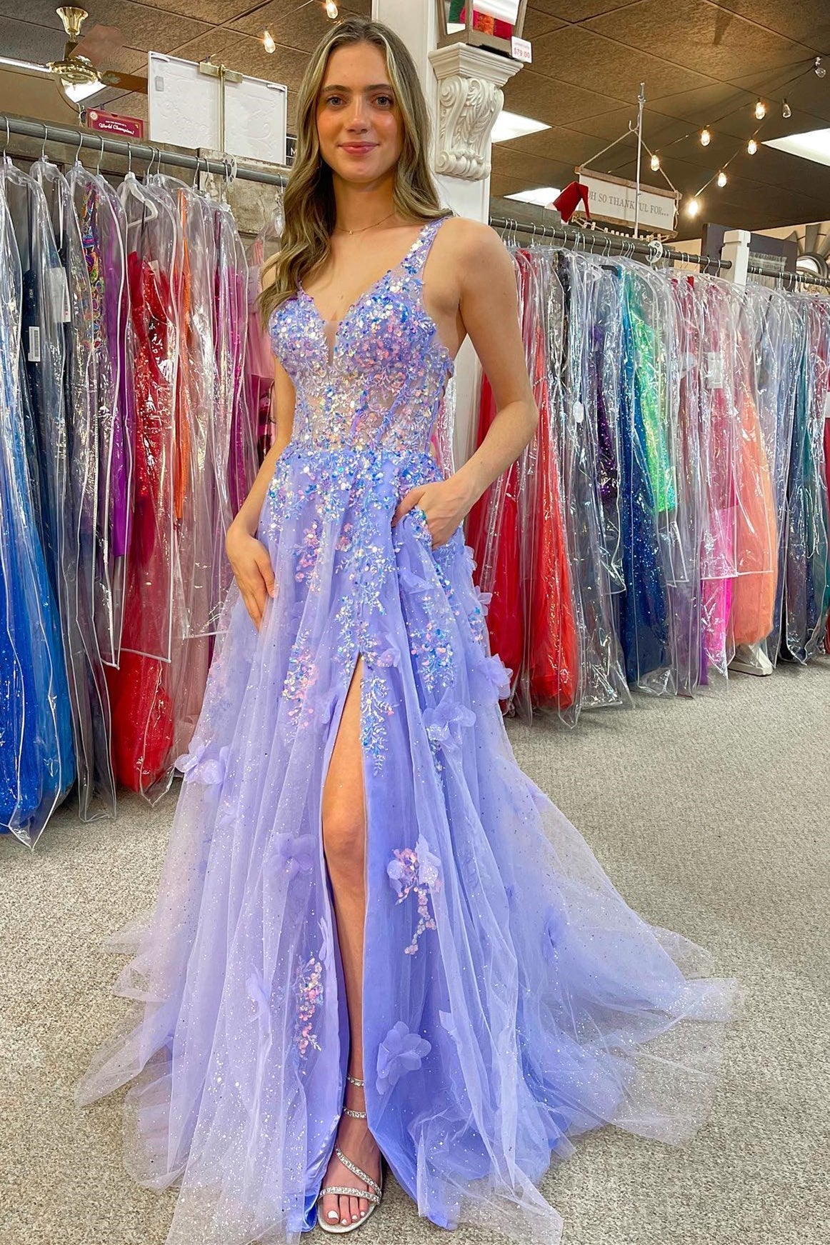 Pam | Lavender Tulle Appliques V-Neck A-Line Long Prom Dress with Slit