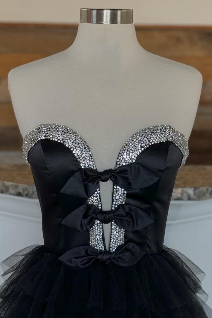 Peggy | Black Strapless Bow Ruffle Long Prom Dress with Slit
