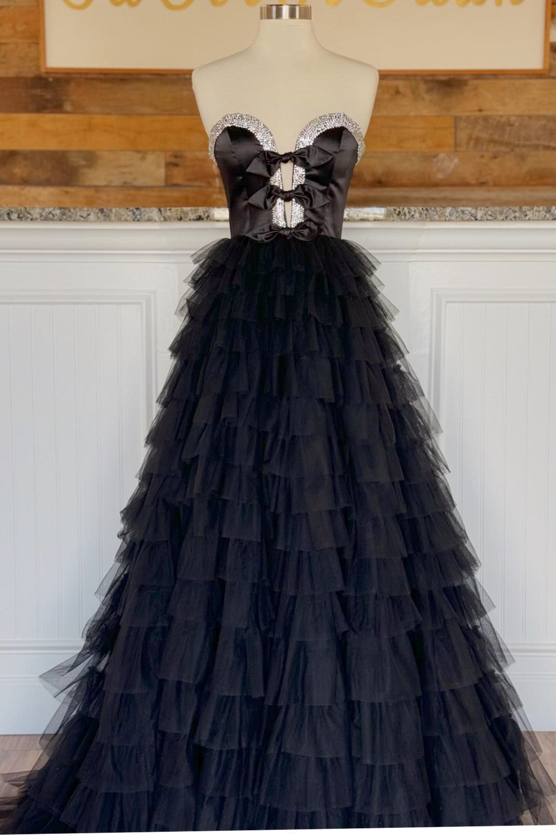 Peggy | Black Strapless Bow Ruffle Long Prom Dress with Slit