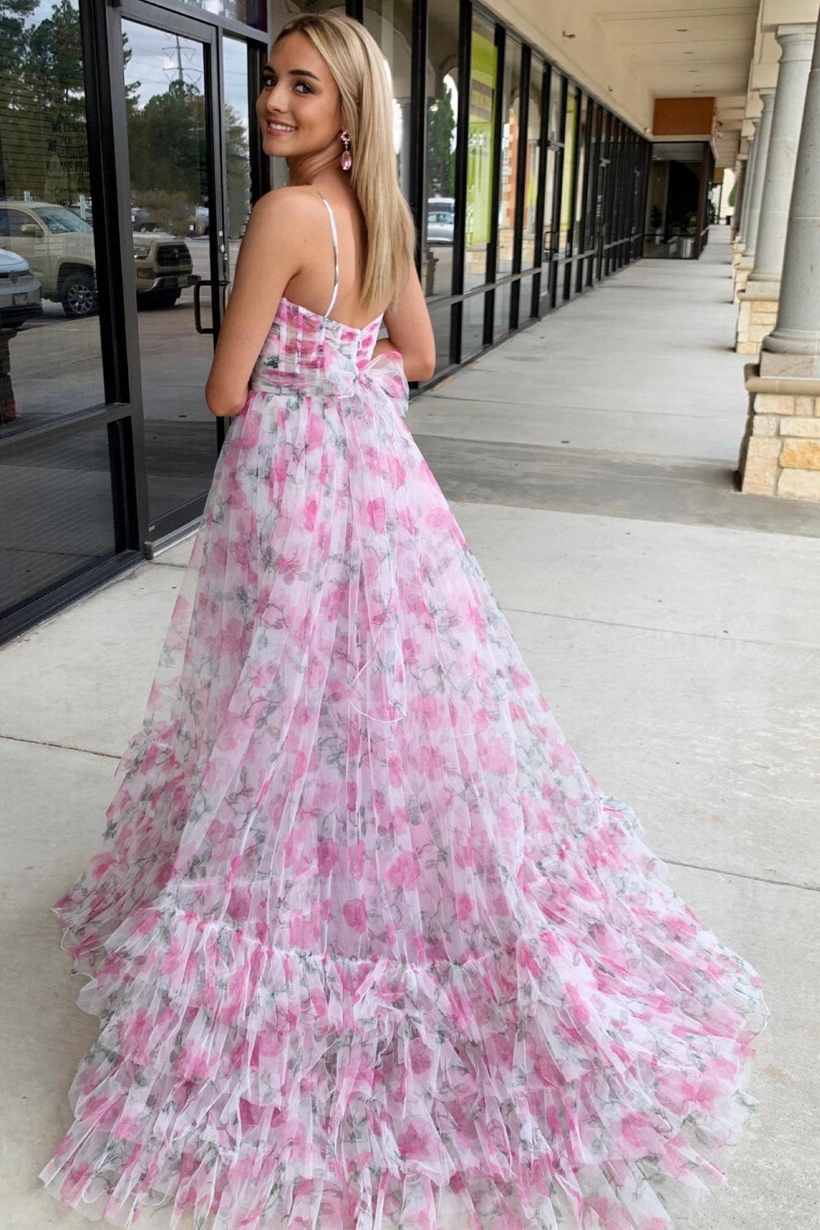 Rita | Pink Print Halter Keyhole A-Line Long Prom Dress