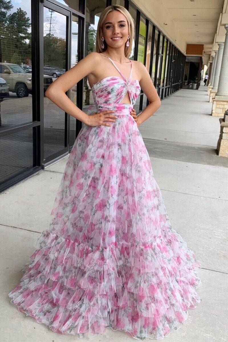 Rita | Pink Print Halter Keyhole A-Line Long Prom Dress