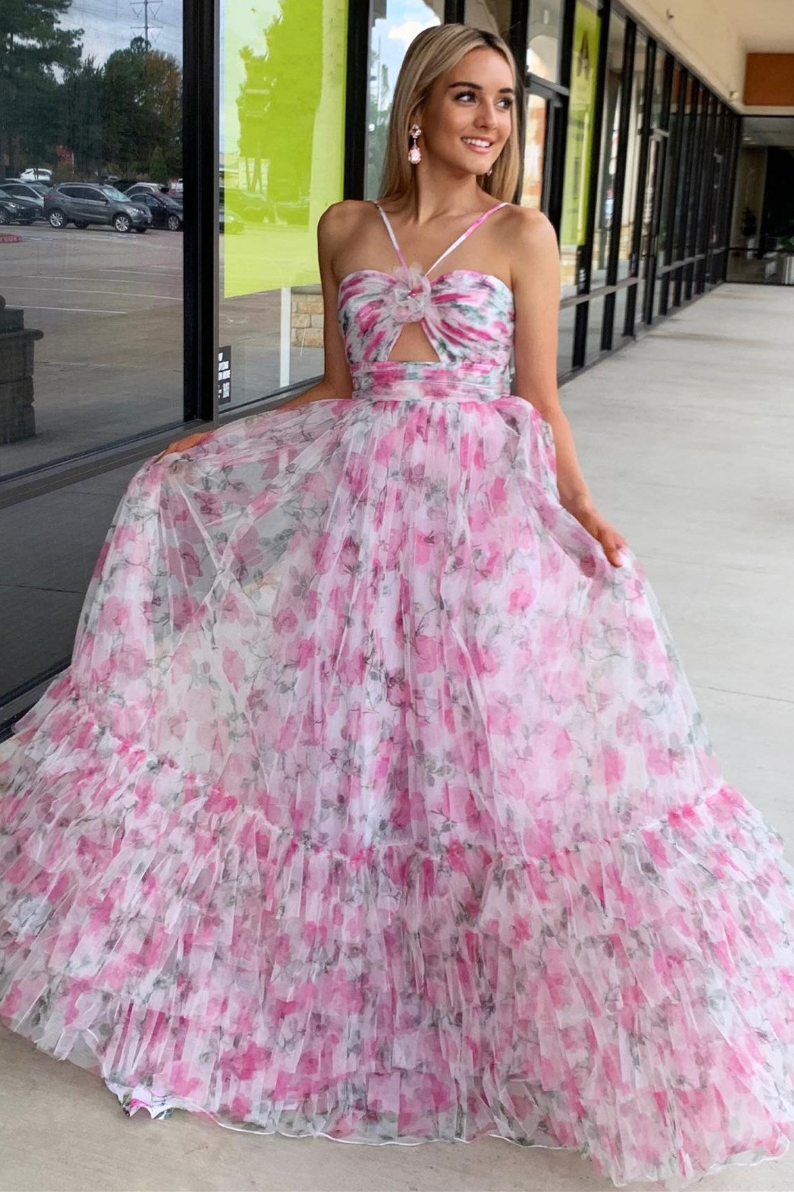Rita | Pink Print Halter Keyhole A-Line Long Prom Dress