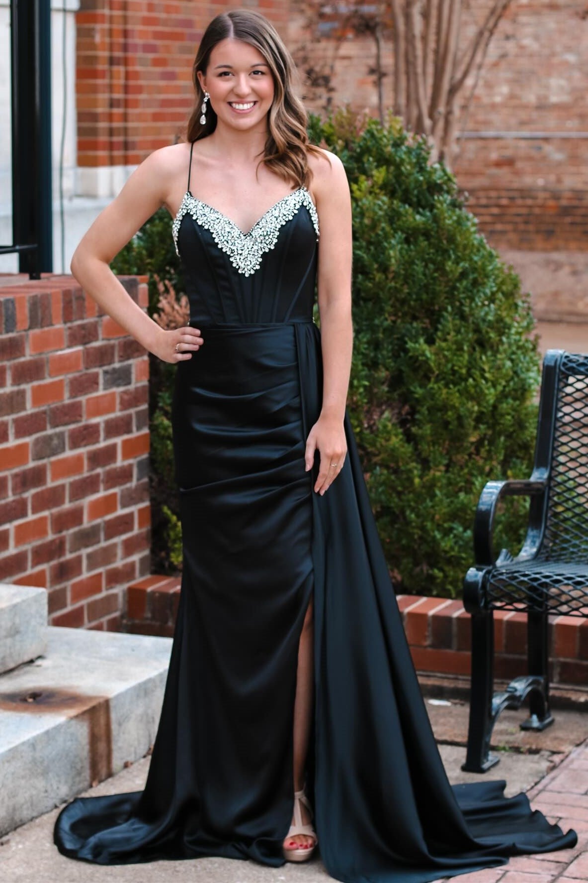Polly | Black Rhinestone V-Neck Long Formal Dress with Attached Train