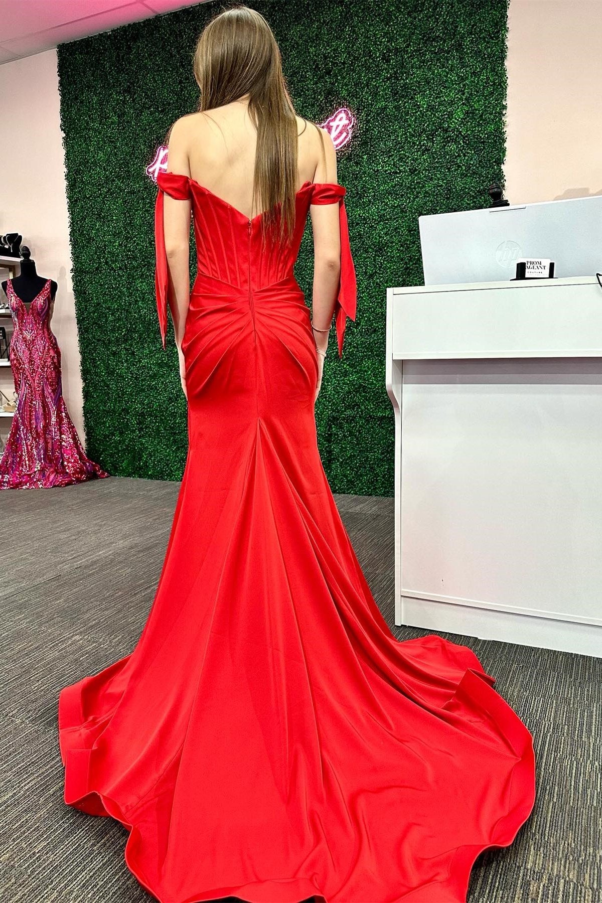 Pamela | Red Off-the-Shoulder Bow Sleeve Mermaid Long Prom Dress with Slit