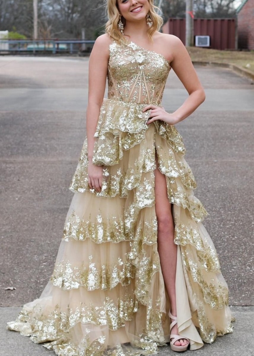 KissProm-Livia Gold Sheath One Shoulder Tiered Lace Long Prom Dress