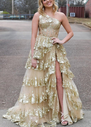 KissProm-Livia Gold Sheath One Shoulder Tiered Lace Long Prom Dress
