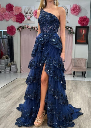 KissProm-Livia Navy Blue Sheath One Shoulder Tiered Lace Long Prom Dress