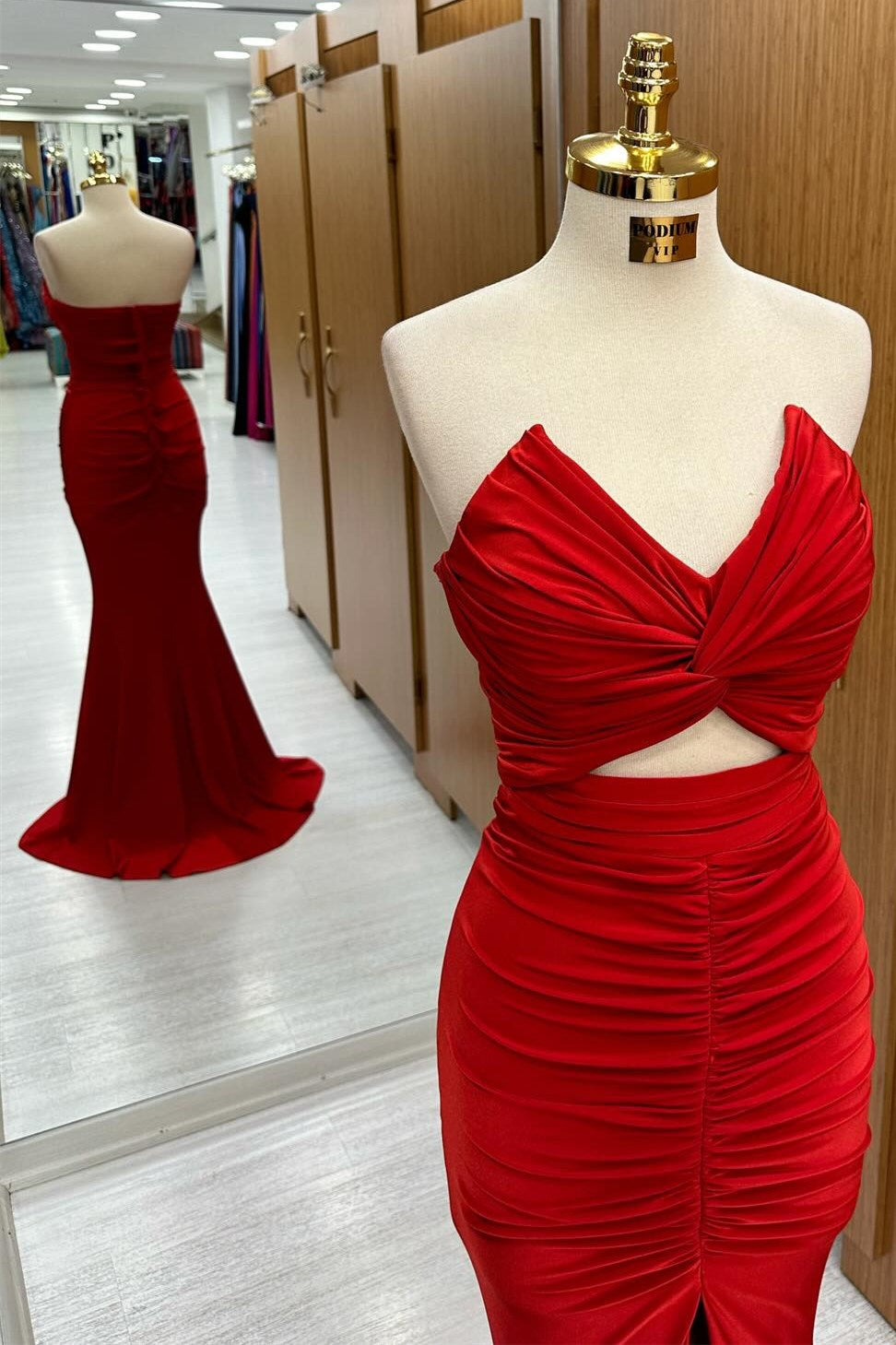 Monique | Red Strapless Twisted Knot Mermaid Long Formal Dress with Slit