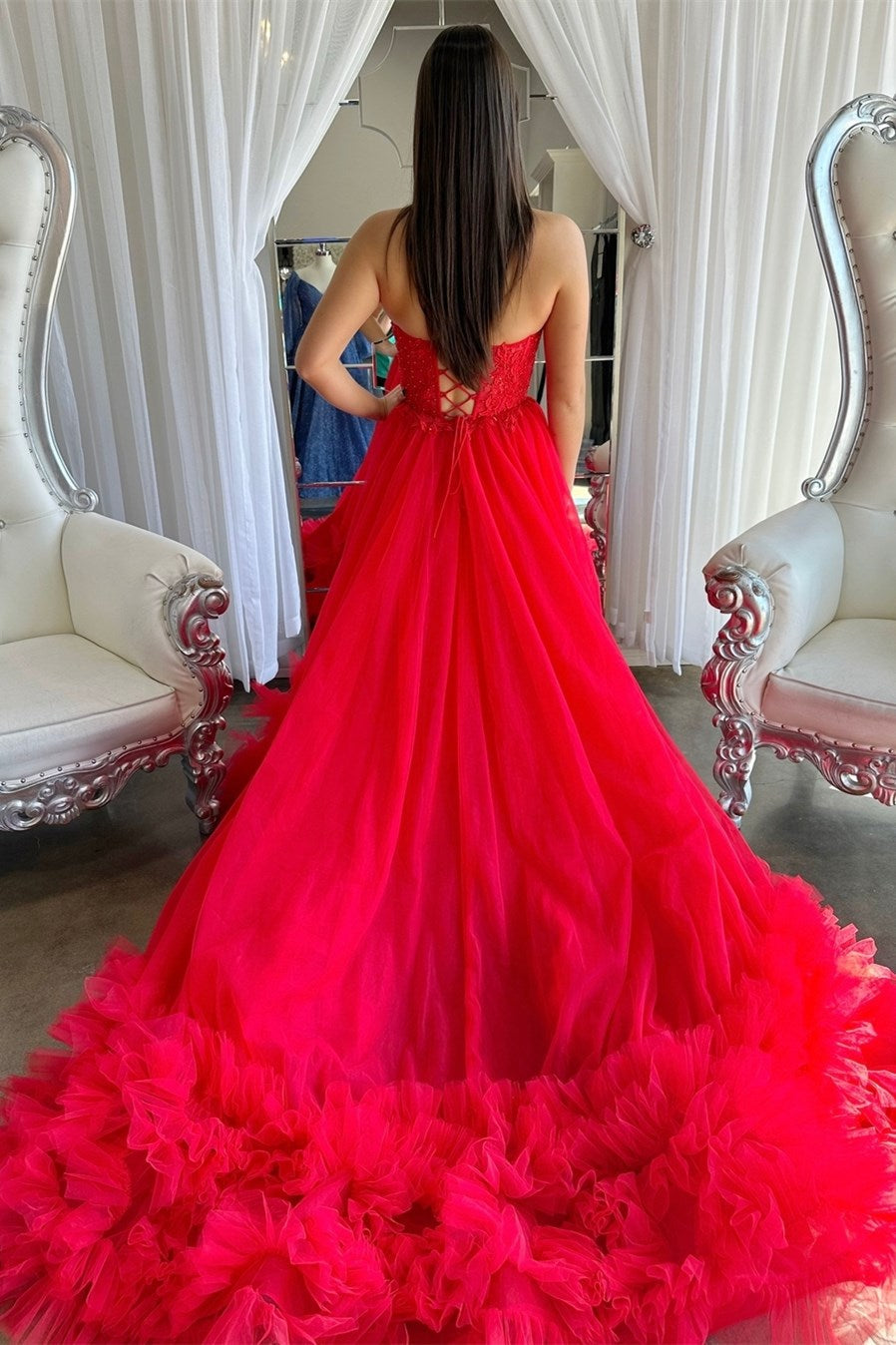 Romy | Red Tulle Appliques Sweetheart Ruffle Long Prom Dress