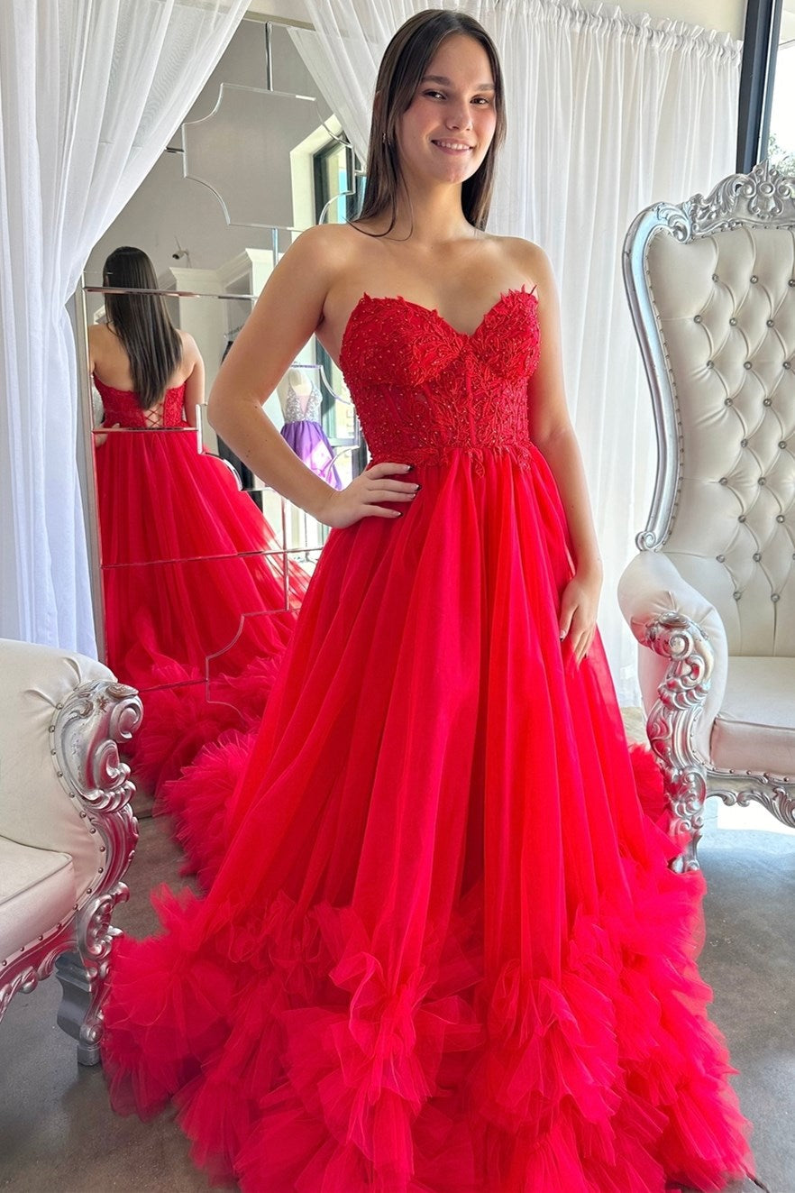 Romy | Red Tulle Appliques Sweetheart Ruffle Long Prom Dress