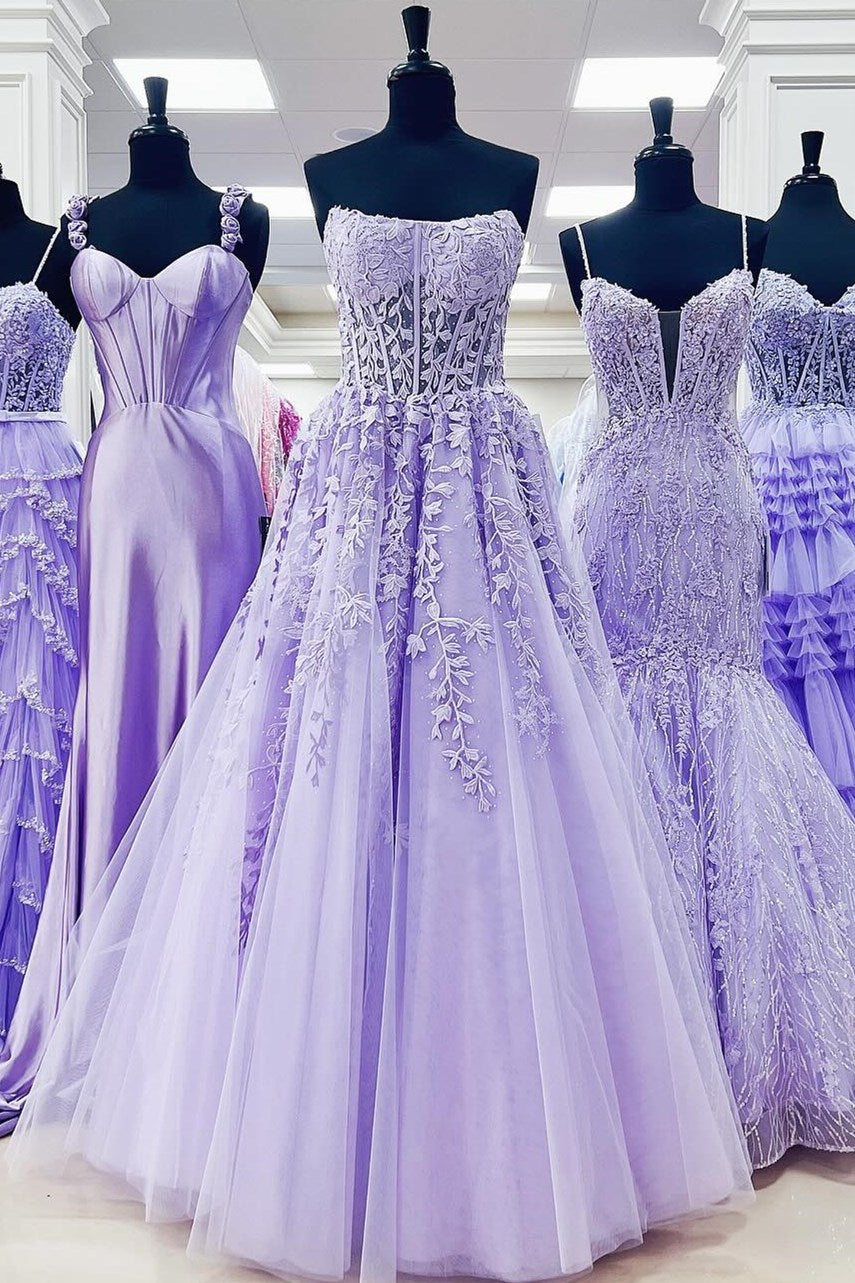 Nell | Aqua Blue Appliques Strapless A-Line Long Prom Dress