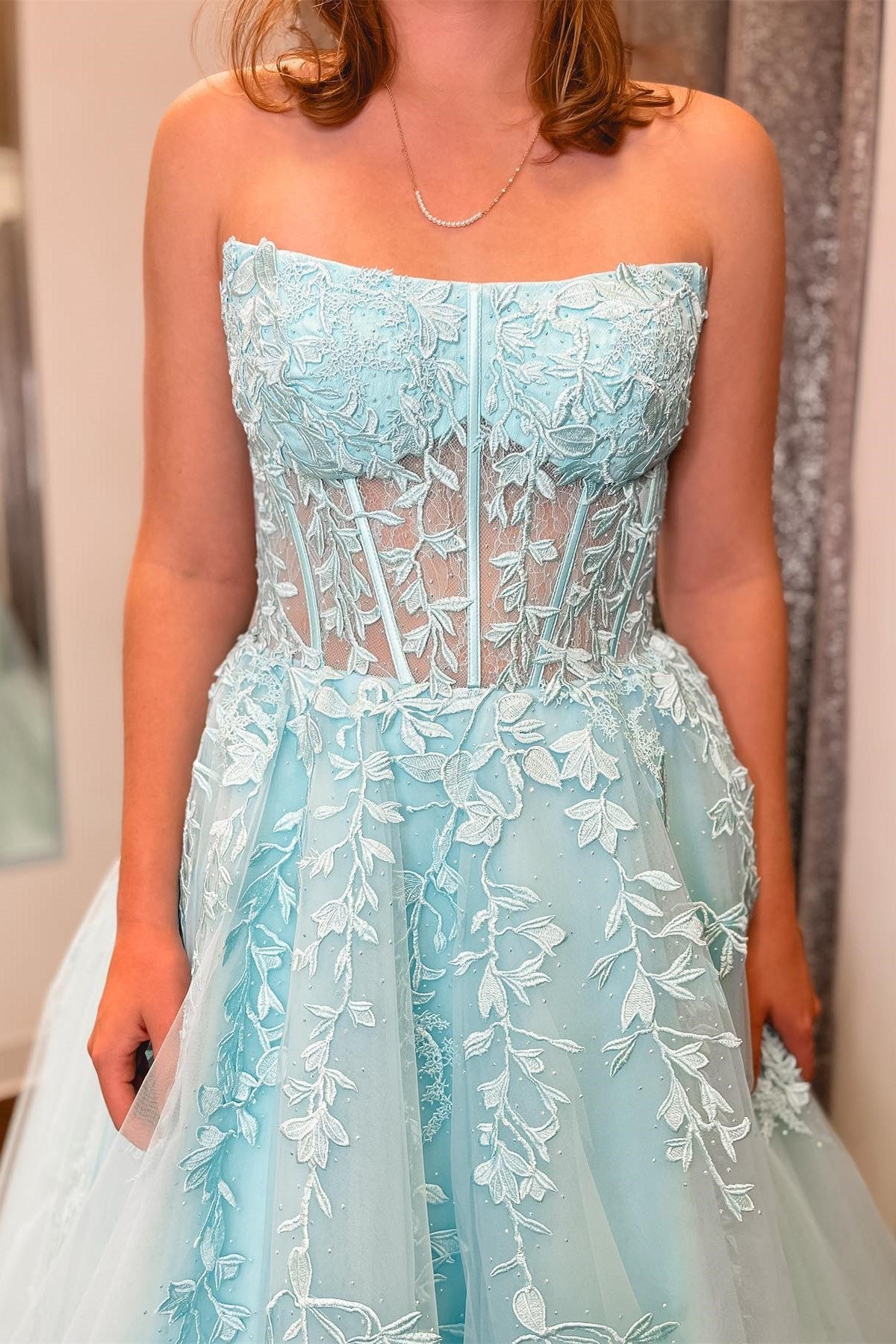 Nell | Aqua Blue Appliques Strapless A-Line Long Prom Dress