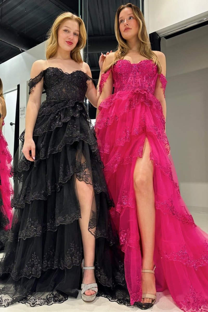 Periwinkle Tulle Appliques Off-the-Shoulder Ruffle Long Prom Dress, Fuchsia / 8 / Tulle