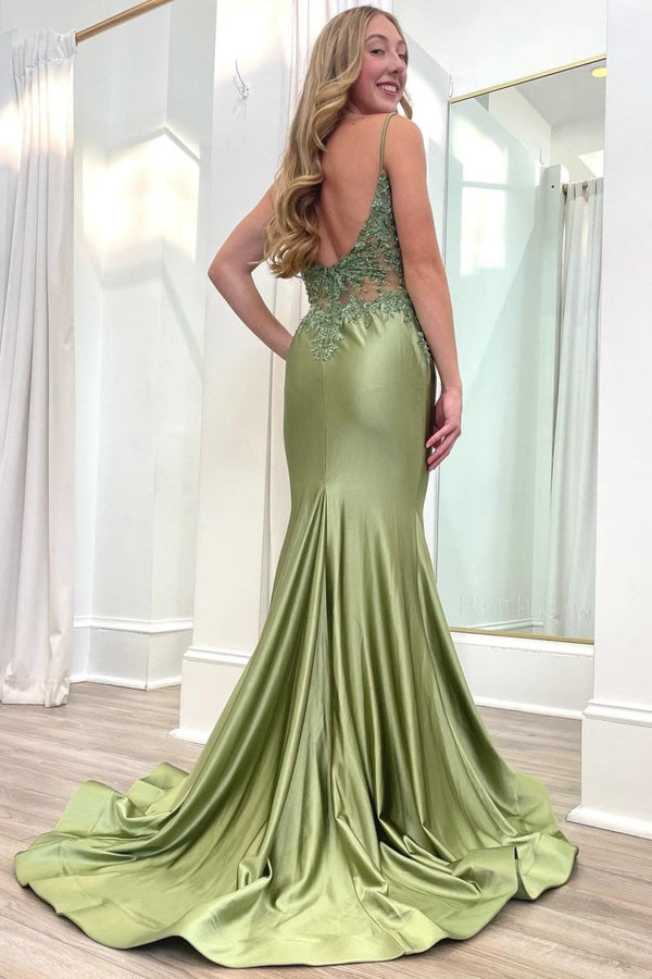 Sage Green Spaghetti Strap Backless Trumpet Long Gown - KissProm